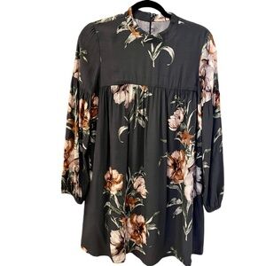 Lavender Brown Mini Babydoll Dress, Size M, Grey Floral Print, Long Slee…